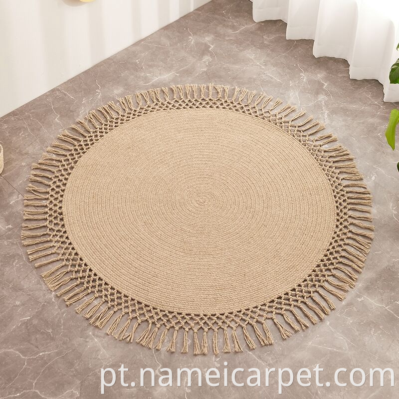 Round Wool Braided Living Room Rug With Tassels